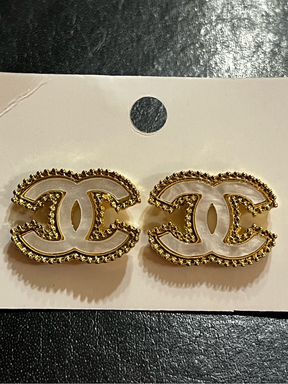 🤍 Double C Designer Faux Mother Pearl Rhinestone Stud Letter Logo Earrings